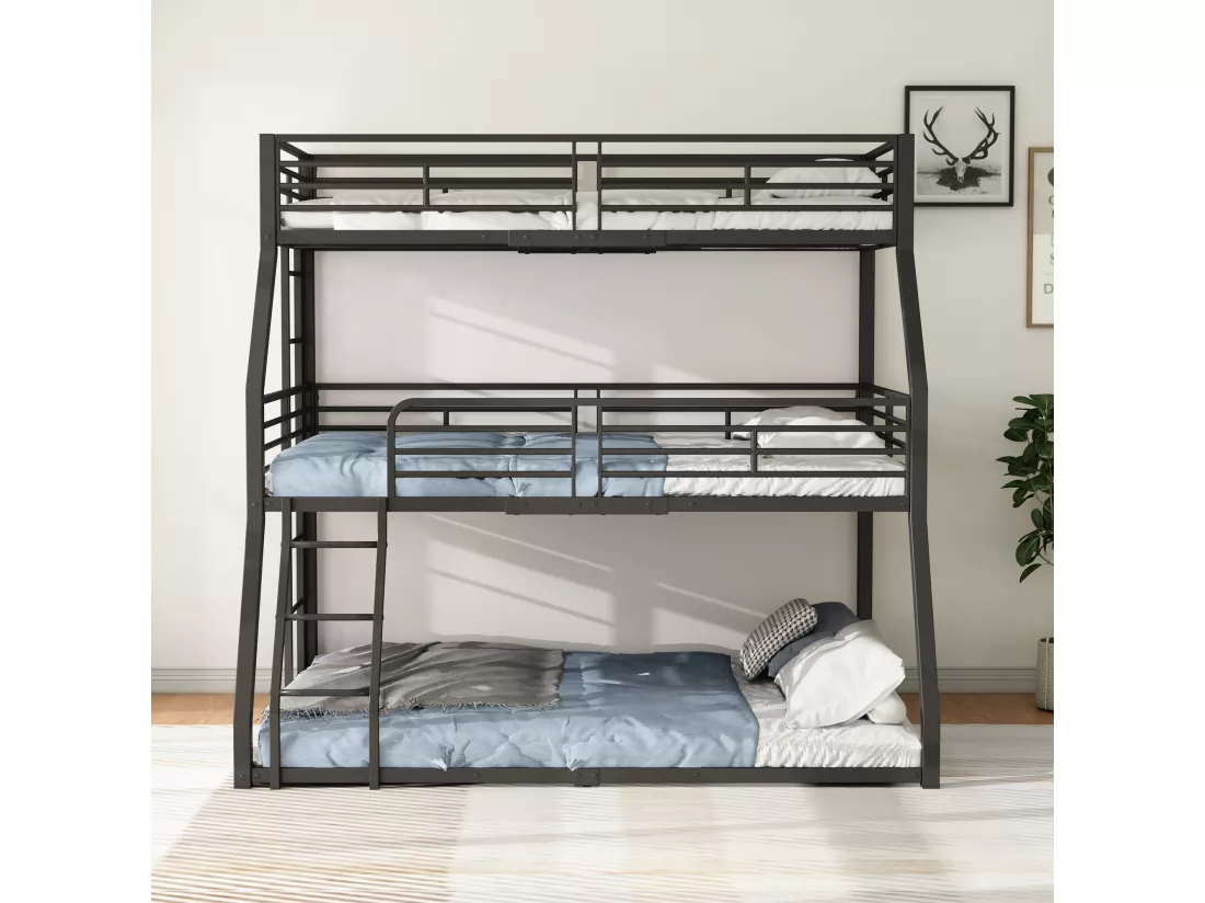 Lit superposé triple - 2x90x200cm & 140x200cm - cadre en fer - Noir