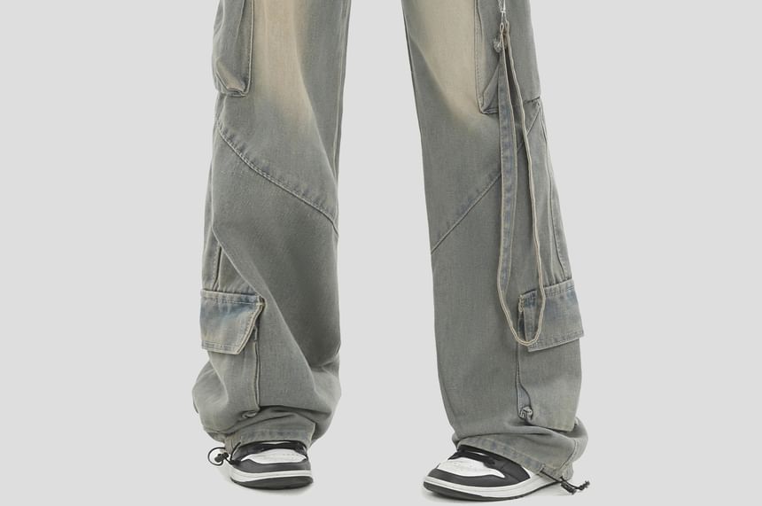 INStudio - Mid Rise Pocket Detail Washed Wide Leg Jeans
