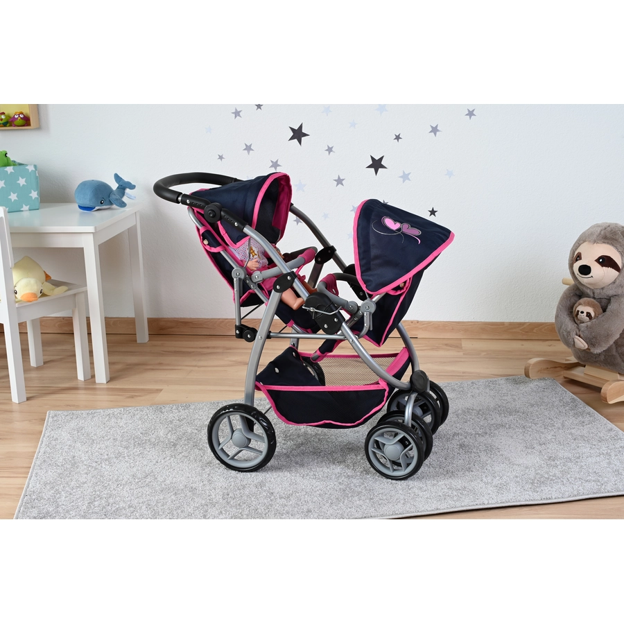 knorr toys® Zwillingspuppenwagen Milo - flying hearts blue pink blau