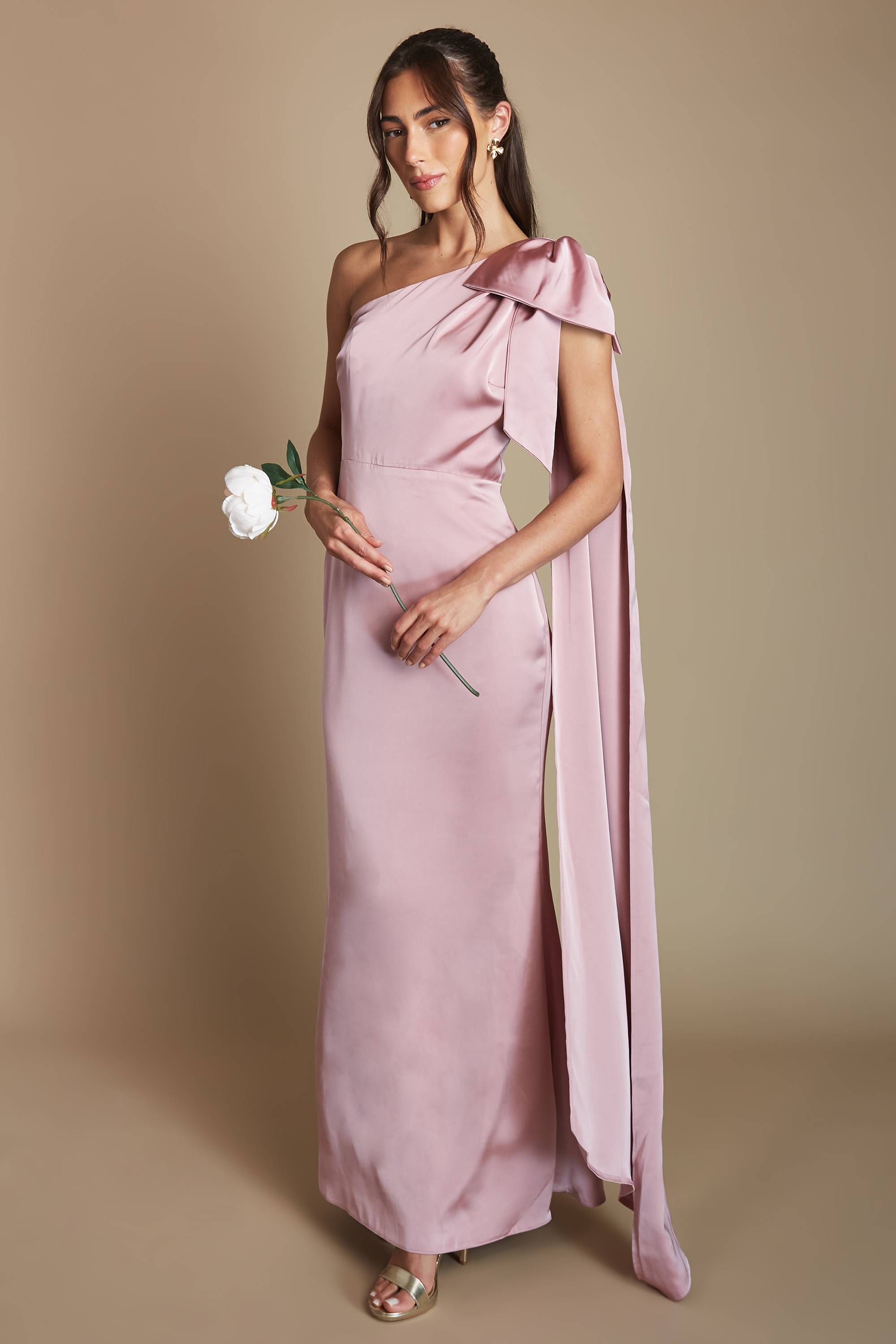 Coast Robe de Demoiselle d'Honneur en Satin à Une Épaule avec Détail Nœud et Drapé