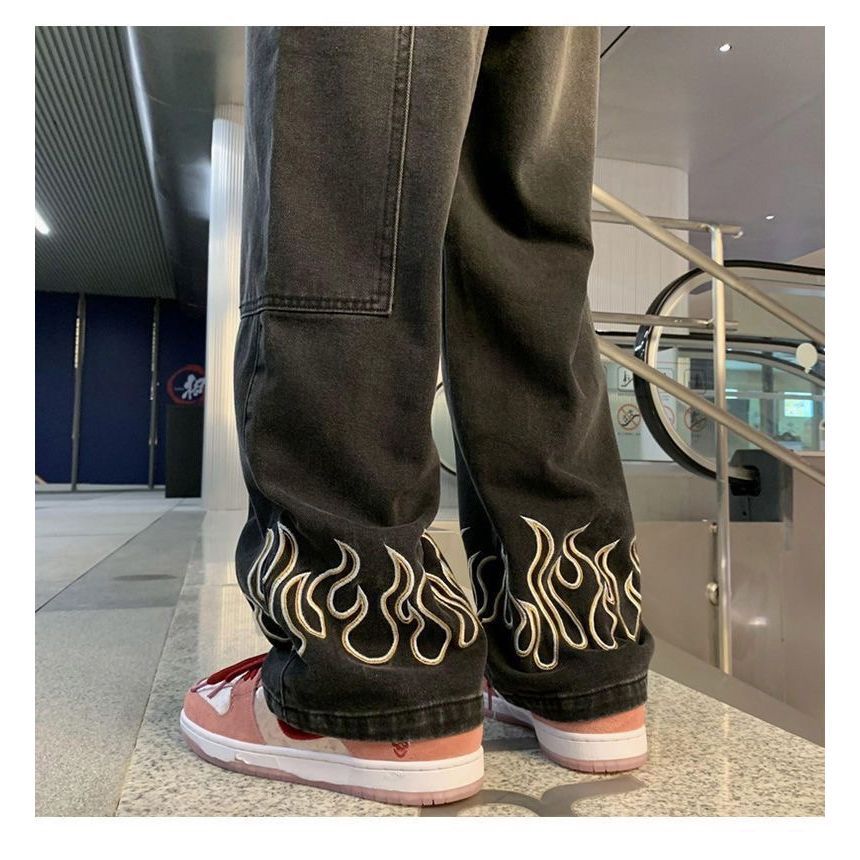 Savenne - Mid Rise Flame Geborduurde Gewassen Rechte Jeans
