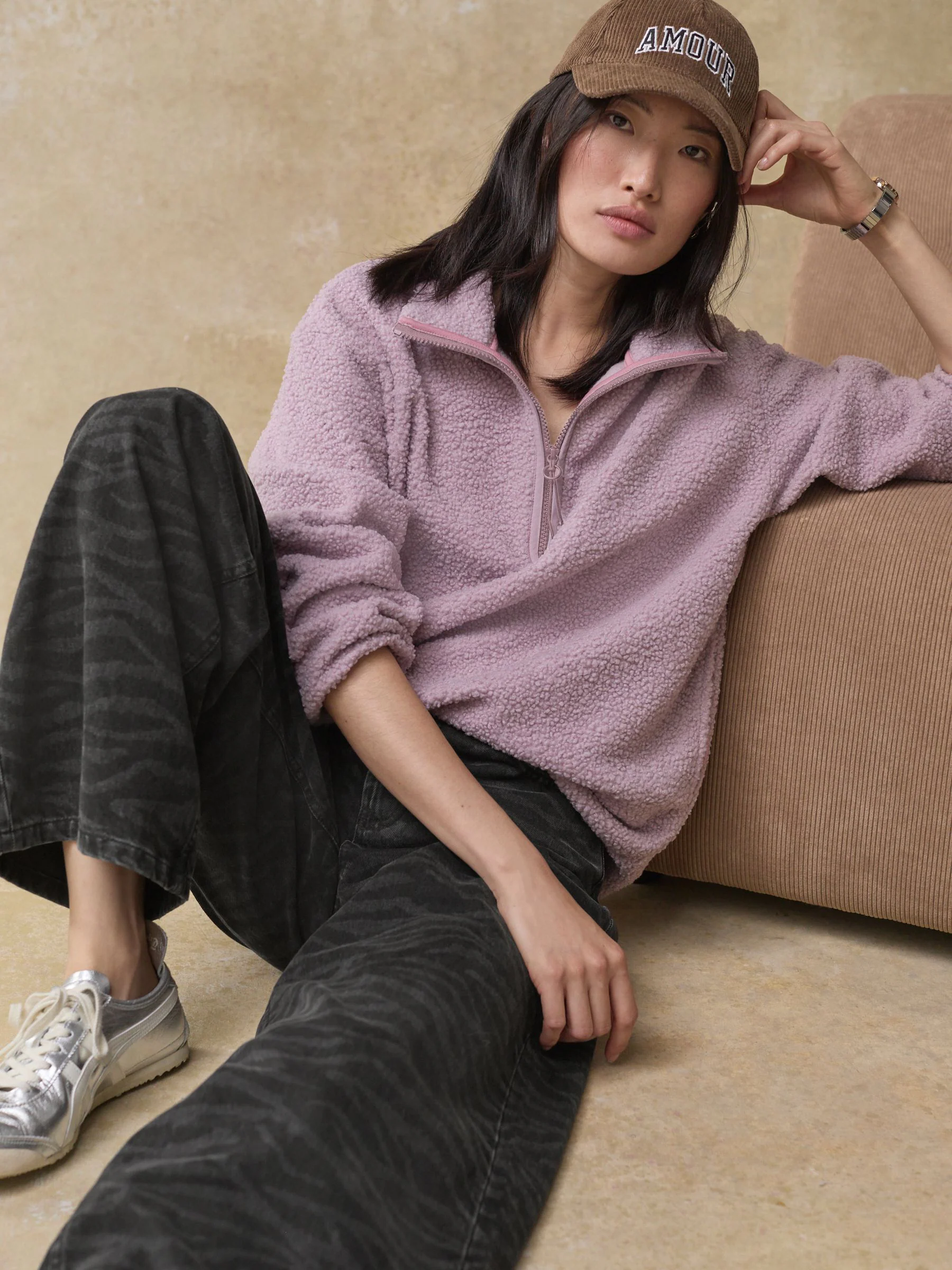 Mauve-paars - Teddy Borg knusse lange fleece met kwart ritssluiting