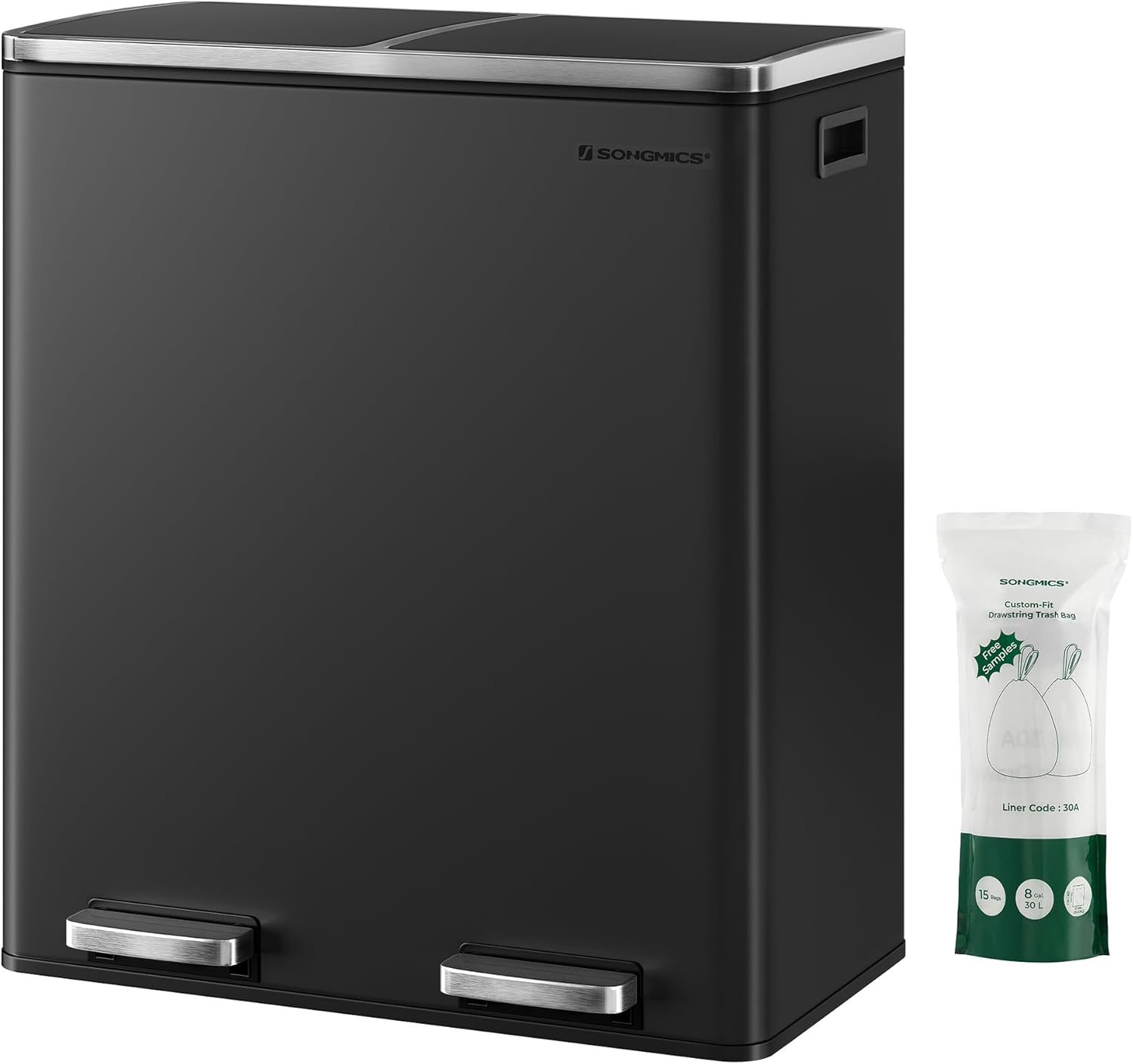 SONGMICS Mülleimer, 2 x 30 Liter, 2 Fächer, Mülltrennsystem, Treteimer, Abfalleimer Küche, 15 Müllsäcke, Metall, Inneneimer aus Kunststoff, Klappdeckel, Softclose, luftdicht, schwarz LTB60BK
