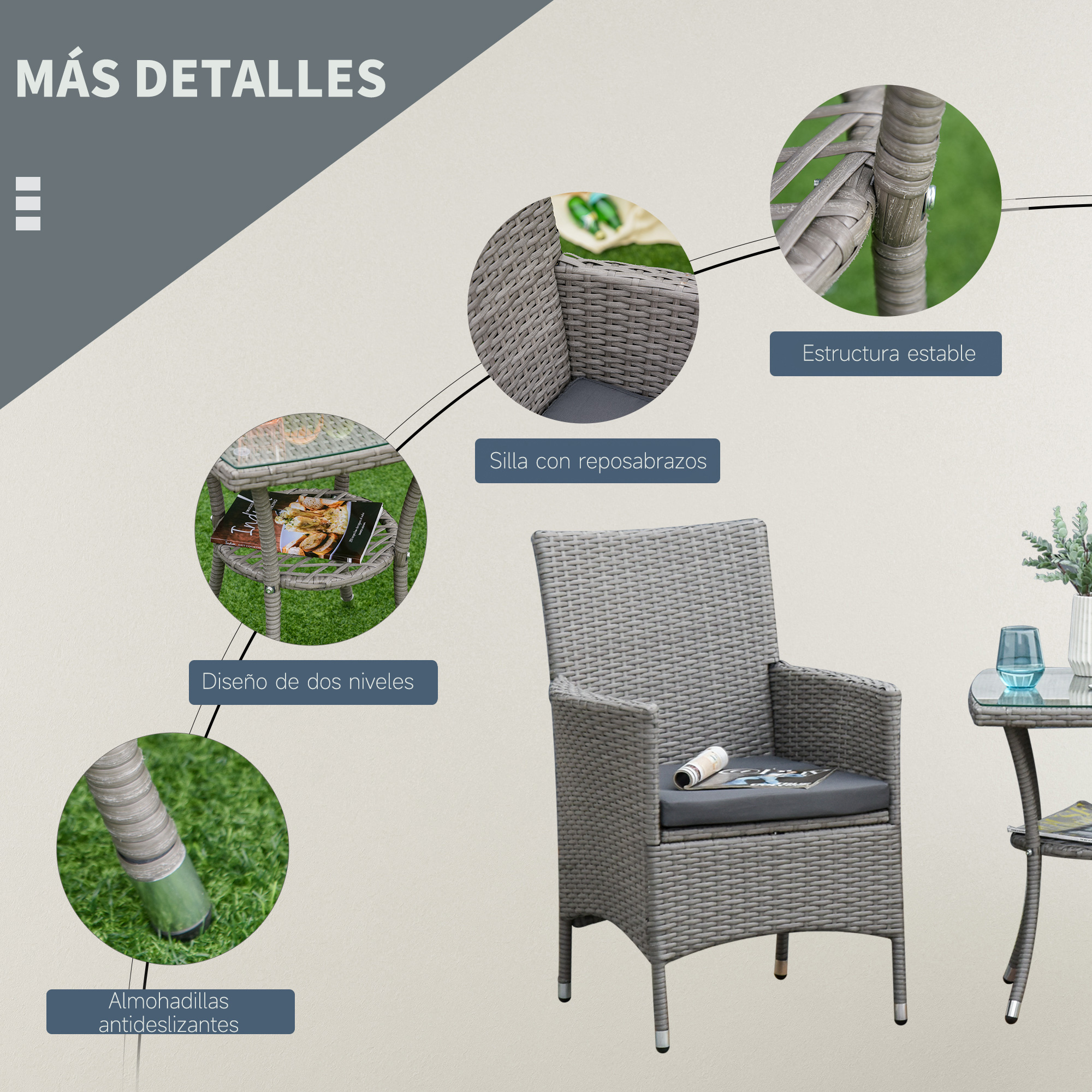 Conjunto de Móveis de Jardim Outsunny, em Rattan, Inclui 1 Mesa e 2 Poltronas com Almofadas, Estrutura Metálica para Terraço e Pátio, Cinza