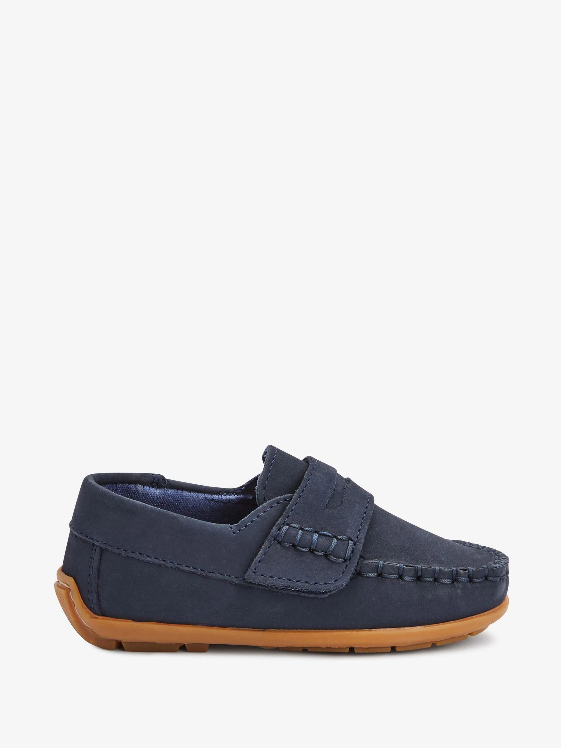 Marineblauw - Leren pennyloafers met klittenbandsluiting
