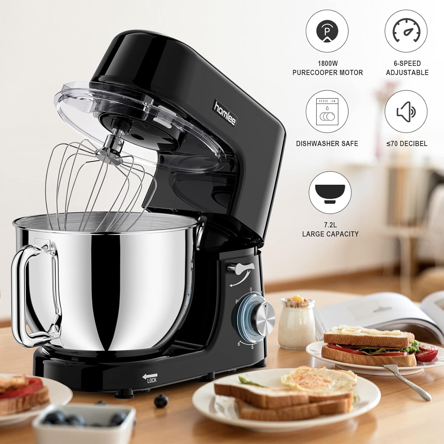 Robot Patissier Homlee 1800W 7,2L Professionnel Robot Ptissier Petrin Multifonctions Robot Cuisine Faible Bruit Batteur sur Socle avec Bol en Acier Inoxydable,Fouet,Batteur,Crochet,6 Vitesses