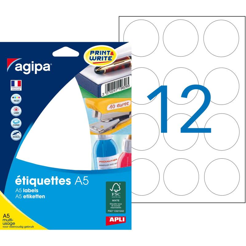 Etiquette ronde multi-usages blanches Agipa - Etui A5 - 16 feuilles