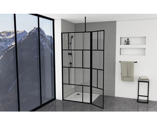 Inloopdeur met draaideur Aurlane 90 cm profiel zwart glasdecor industrieel design omkeerbaar