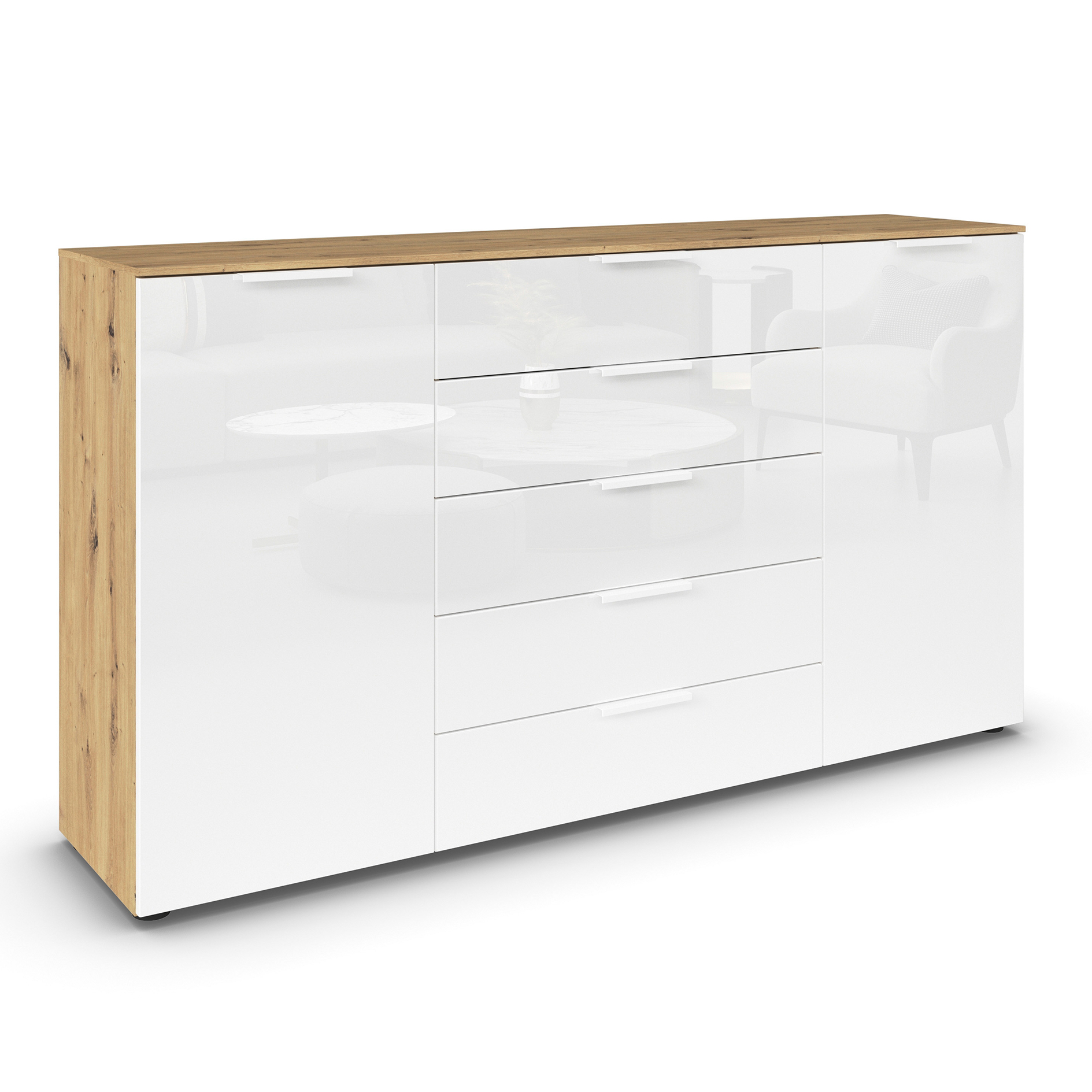 Kommode - Artisan Eiche-Kristallweißglas - weiße Griffe - 180 cm