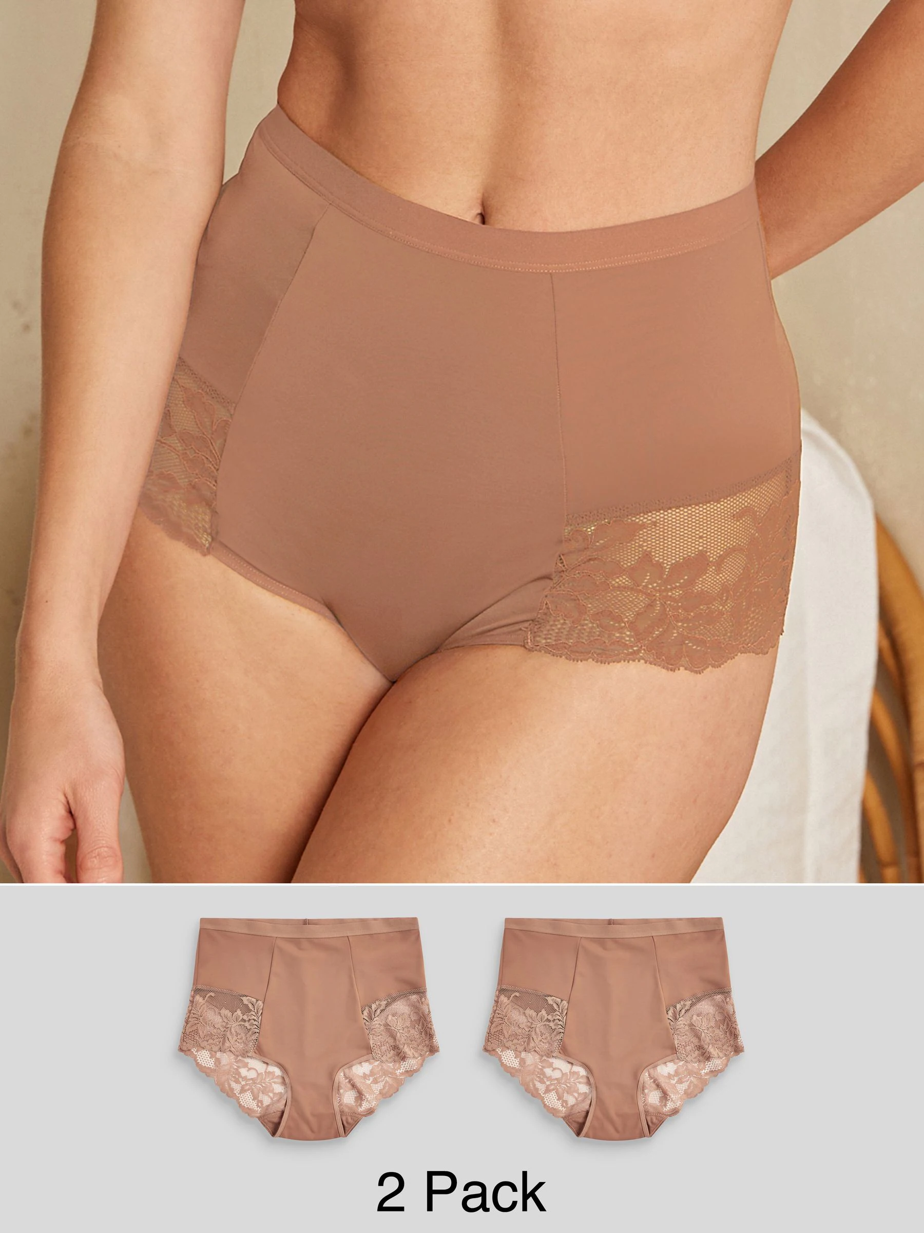Caramel-nude - Verpakking van 2 Braziliaanse slipjes met kanten achterkant en buikcorrigerend effect en print