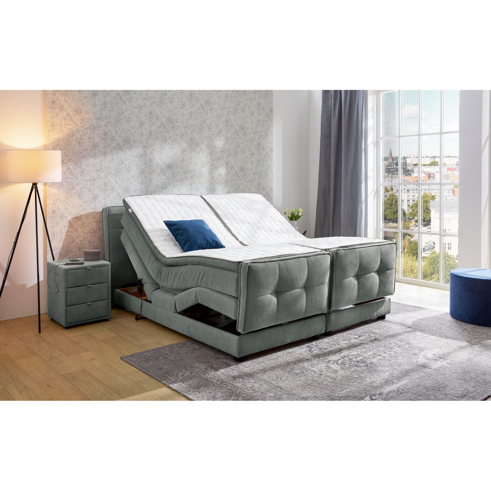 Boxspringbett Paloma Stoff 180 x 200 cm, mit verstellbarer Liegeposition per Fernbedienung mittelgrau