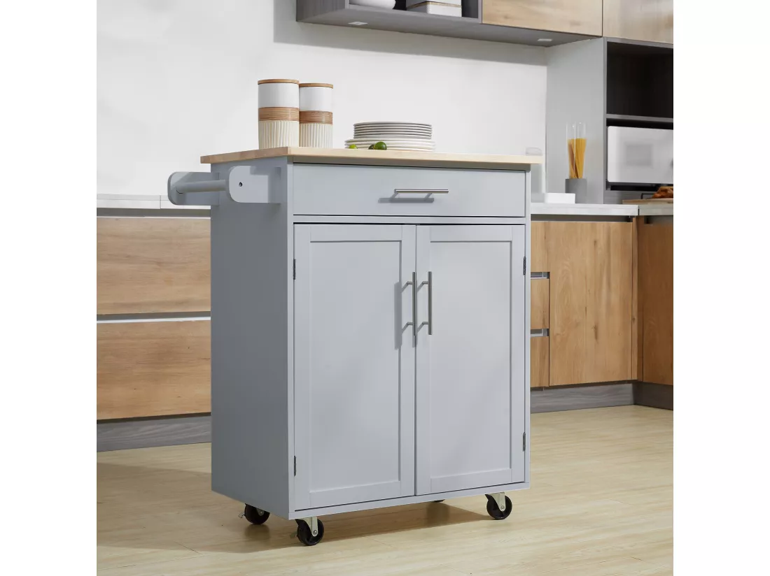 Desserte de cuisine - 2 portes, étagère, tiroir, porte-torchons - bois hévéa pin gris