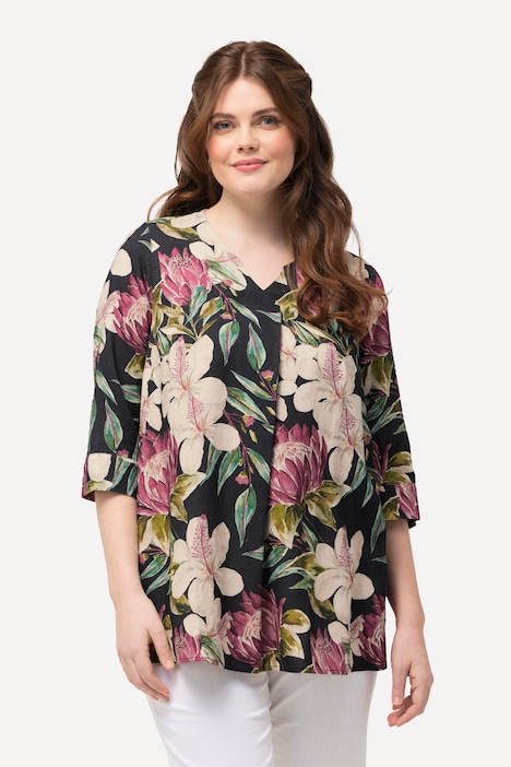 Bluse, Blüten, A-Linie, Tunika-Ausschnitt, 3/4-Arm