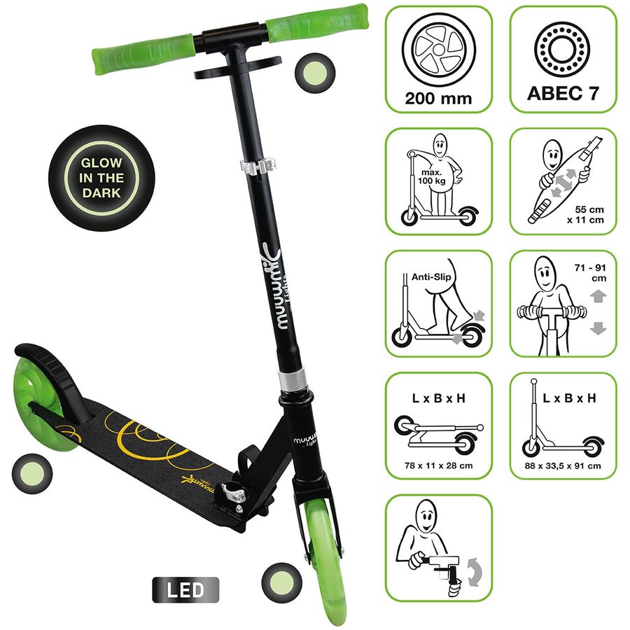 muuwmi Lights Aluminium Scooter GLOW 200 mm, mit Leuchtrollen und Glow-Effekt