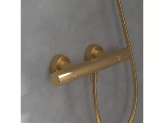 Mitigeur douche thermostatique VILLEROY ET BOCH Universal rond + Ensemble de douche Verve Showers 3 jets Or brossé