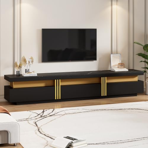 Merax TV Schrank 200 cm – Schwarz, Lowboard mit Marmor-Optik, 3 Schubladen und Kabelmanagement, TV Board für Fernseher bis 90 Zoll, Wohnwand für Wohnzimmer