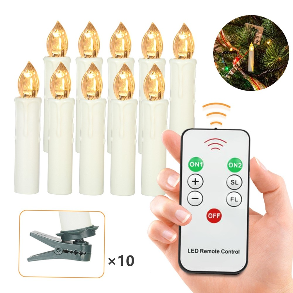 (10er Set) 10cm LED Weihnachtsbaum Kerzen Christbaum Beleuchtung inkl. Fernbedienung (Batteriebetrieben) - Warmweiss