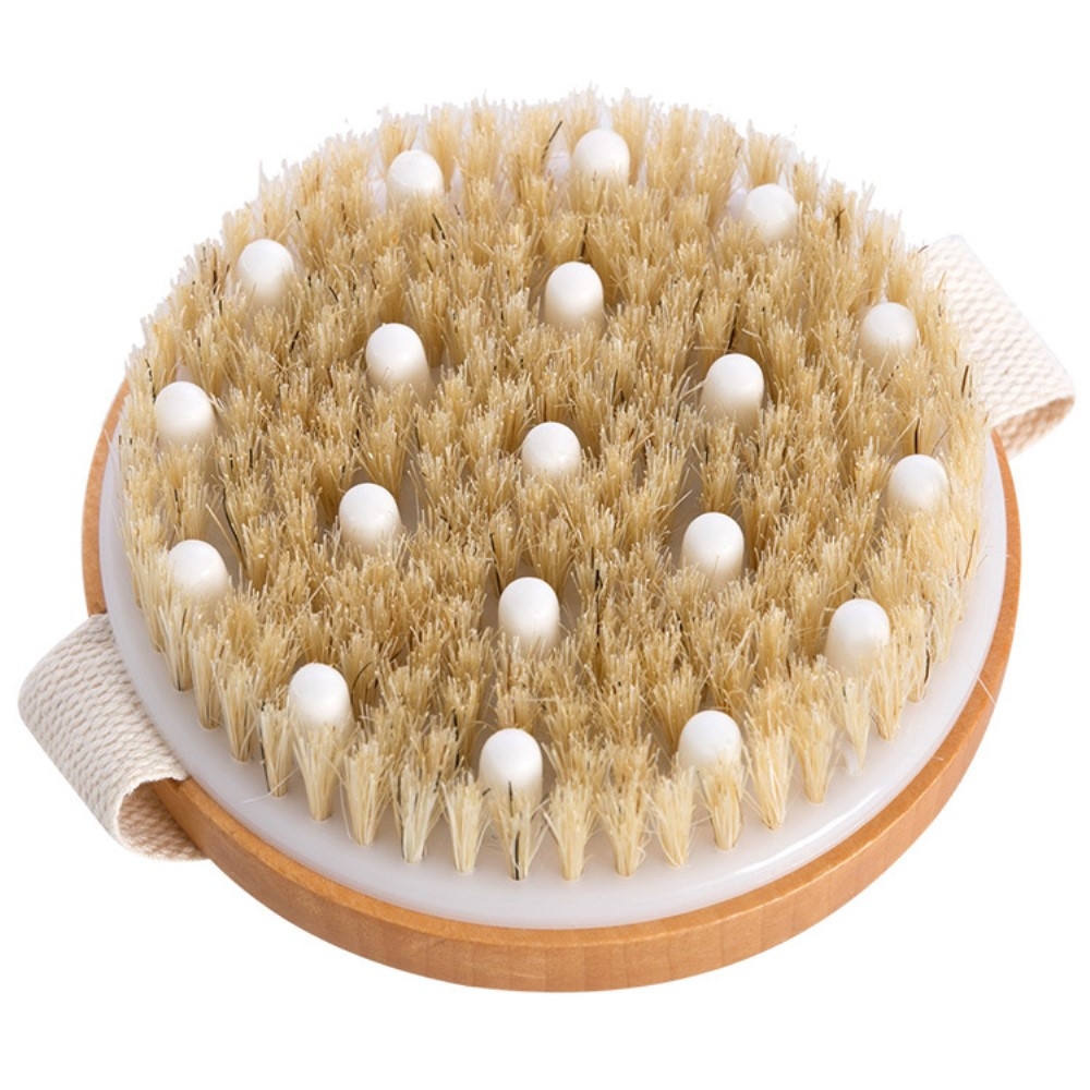 (Ø11.5cm) Holz Massagebürste Peeling Dusch Schwamm Wellness Reinigungsbürste mit Handschlaufe - Beige