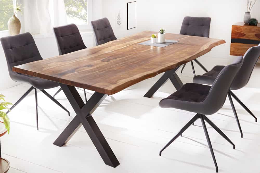 Massivholz Baumkanten Esstisch AMAZONAS 180cm braun Sheesham schwarze Metallbeine