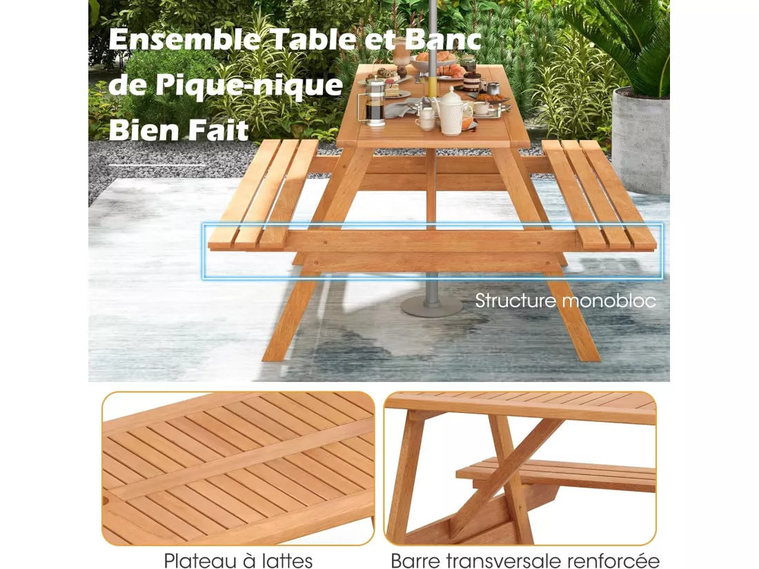 Ensemble Table de Pique-Nique avec 2 Bancs Intégrés, Ensemble de Jardin en Bois Dur pour 6 Personnes Table Charge 70KG, pour Jardin Piscine, 150 x 139 x 75 cm, Naturel