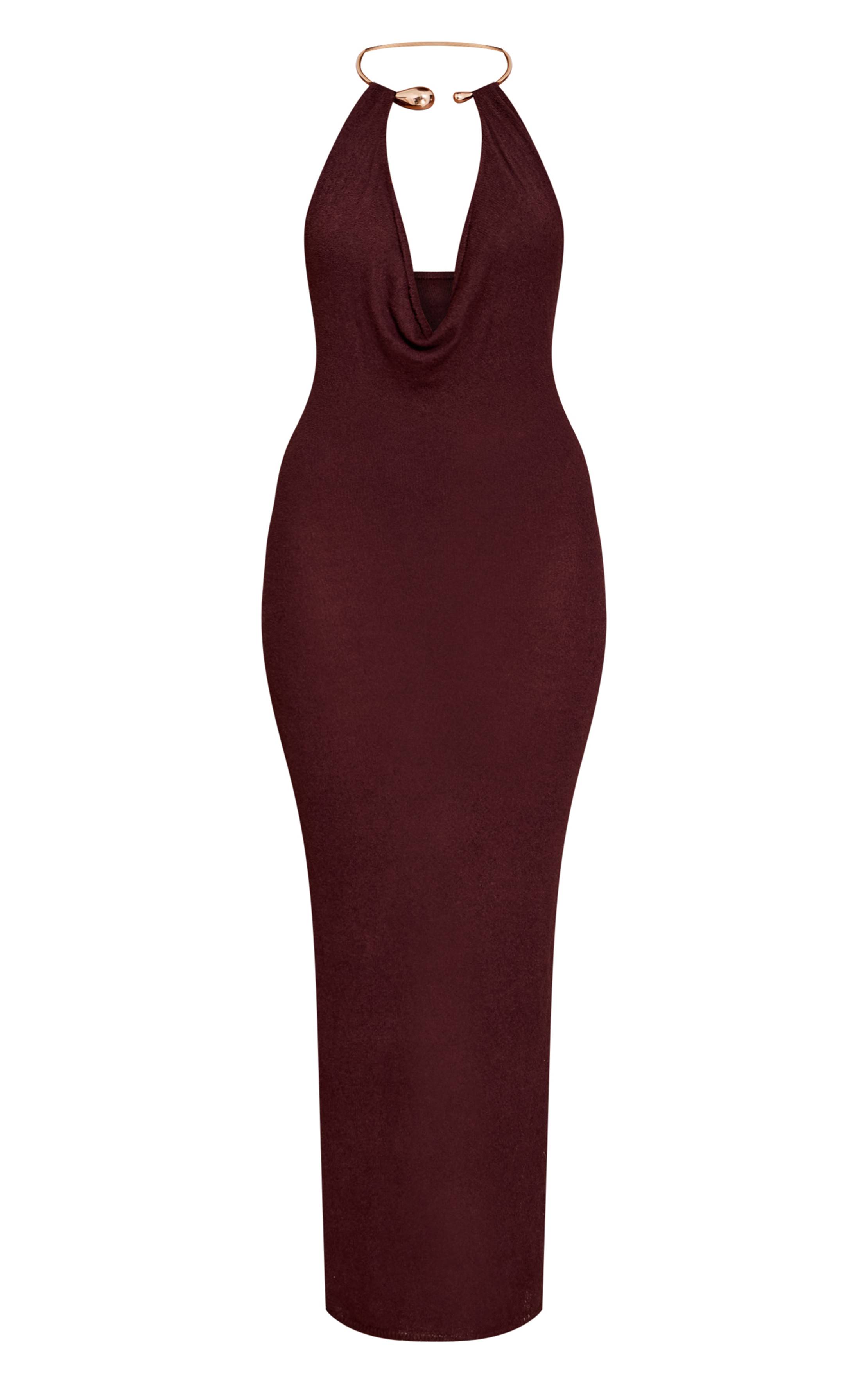 Chocolat Robe Maxi En Maille Avec Détail Manchette Dorée
