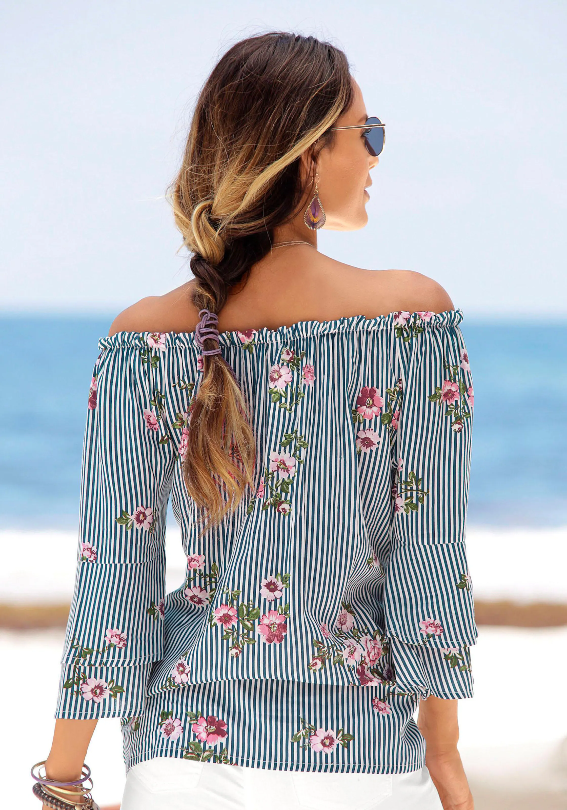 LASCANA Carmenbluse in marine-weiß-gestreift