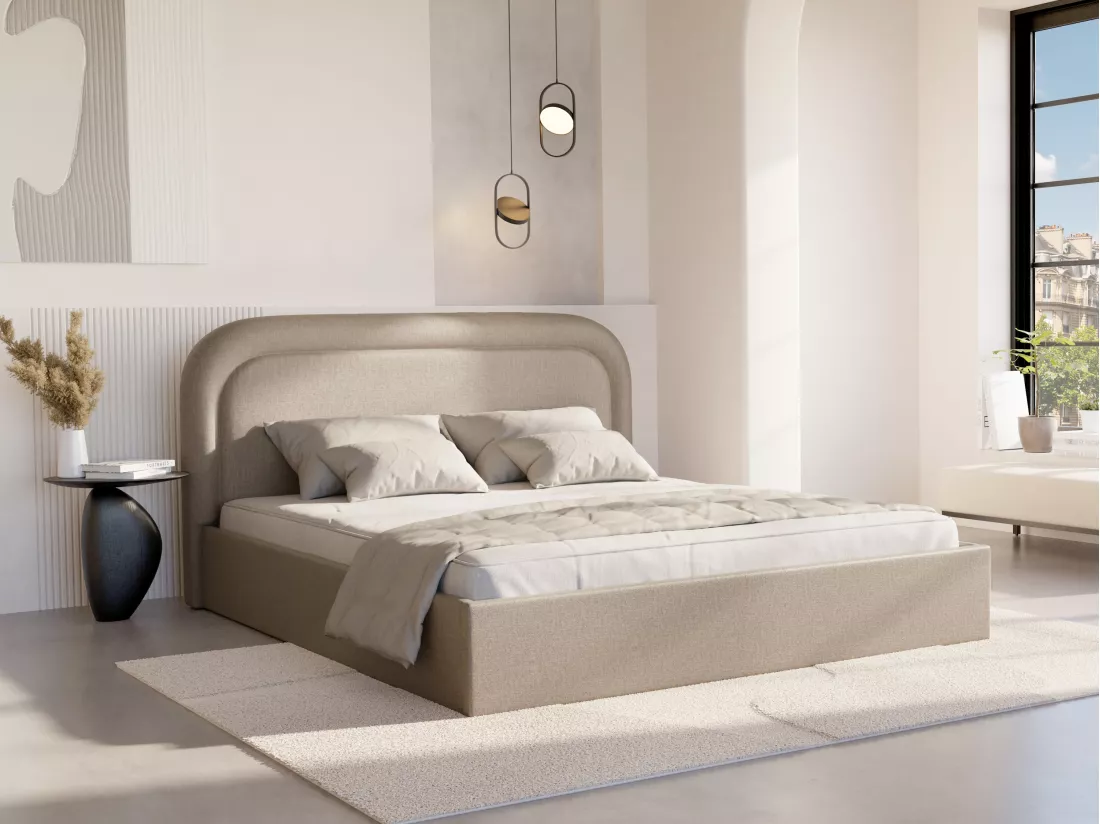 Lit coffre 180 x 200 cm - Tissu chiné - Beige + Matelas - FIREZA