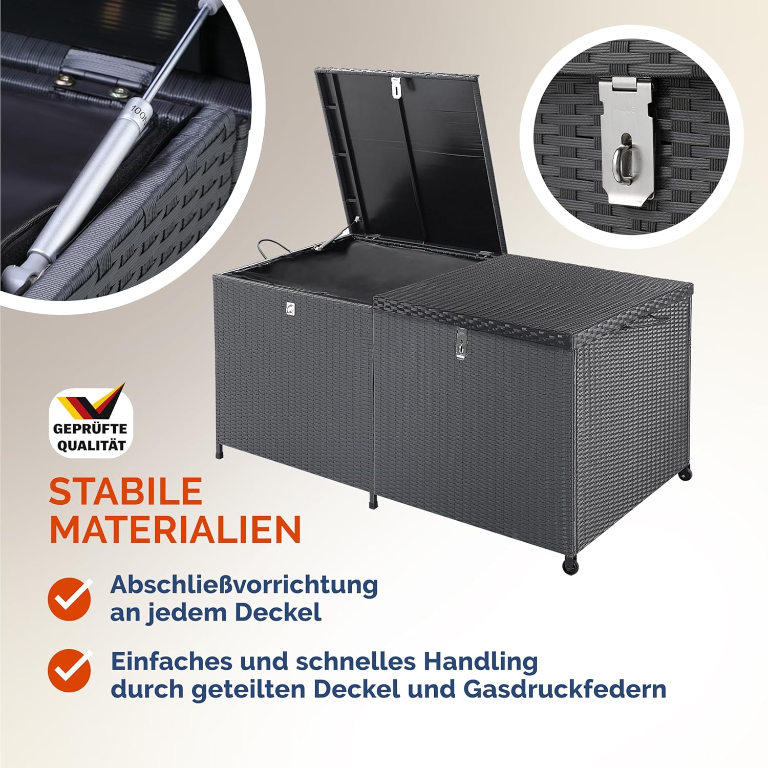 Casaria® Gartenbox XXL Polyrattan Wetterfest 625L UV-beständig Griffe Rollen Gasdruckfeder Garten Wintergarten Auflagenbox Kissenbox 150x77cm Schwarz