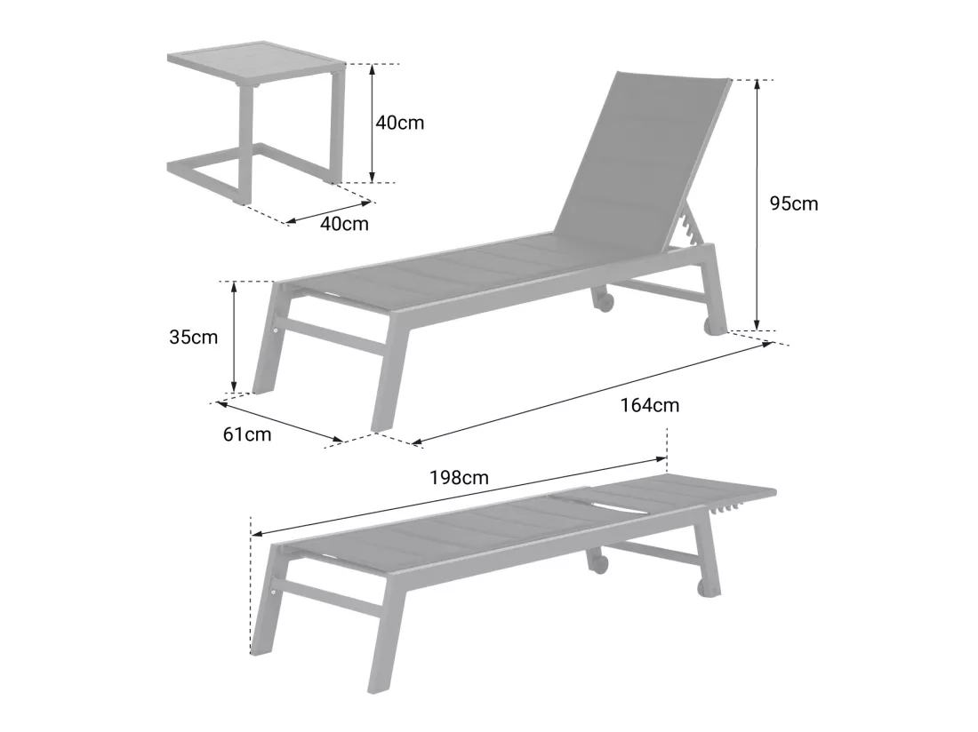 Set bain de soleil et table d'appoint BARBADOS en textilène gris - aluminium blanc - HAPPY GARDEN