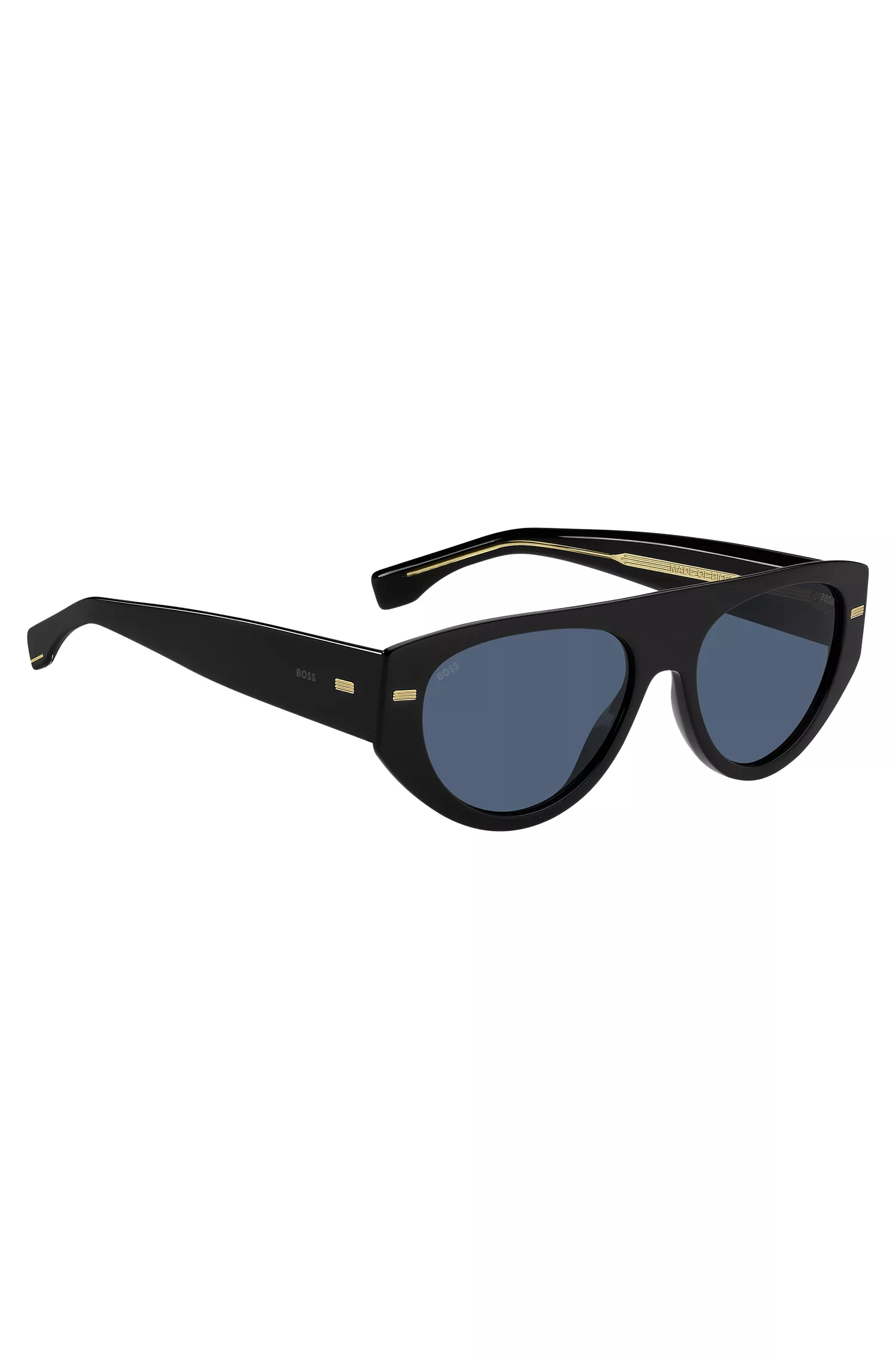 Óculos de sol BOSS pretos em bioacetato com rebites estampados.