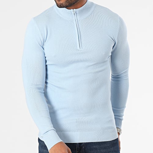 Pull Col Montant Zippé Bleu Clair