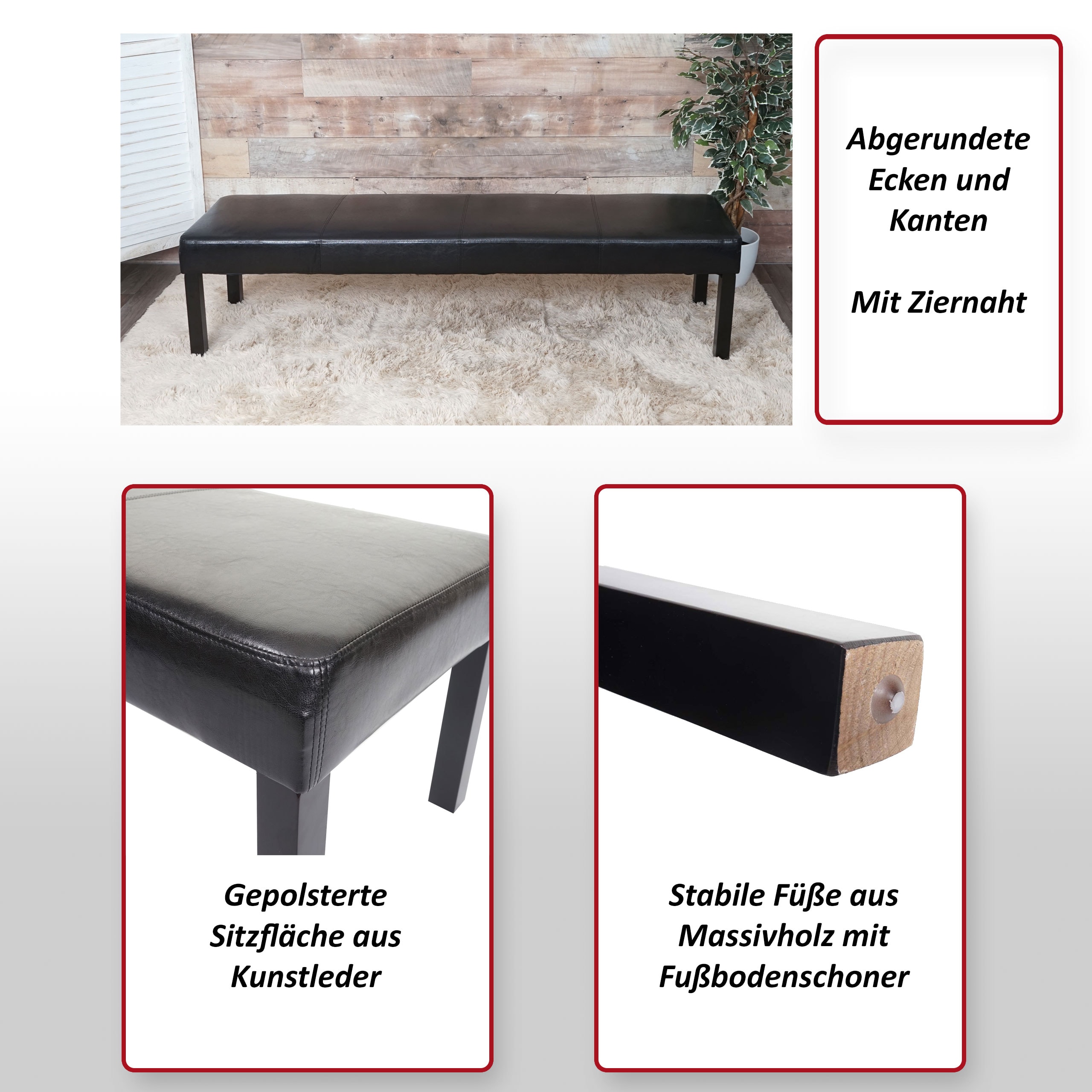 Sitzbank Bank Polsterbank M37 Kunstleder, 120x43x49cm, braun, dunkle Beine