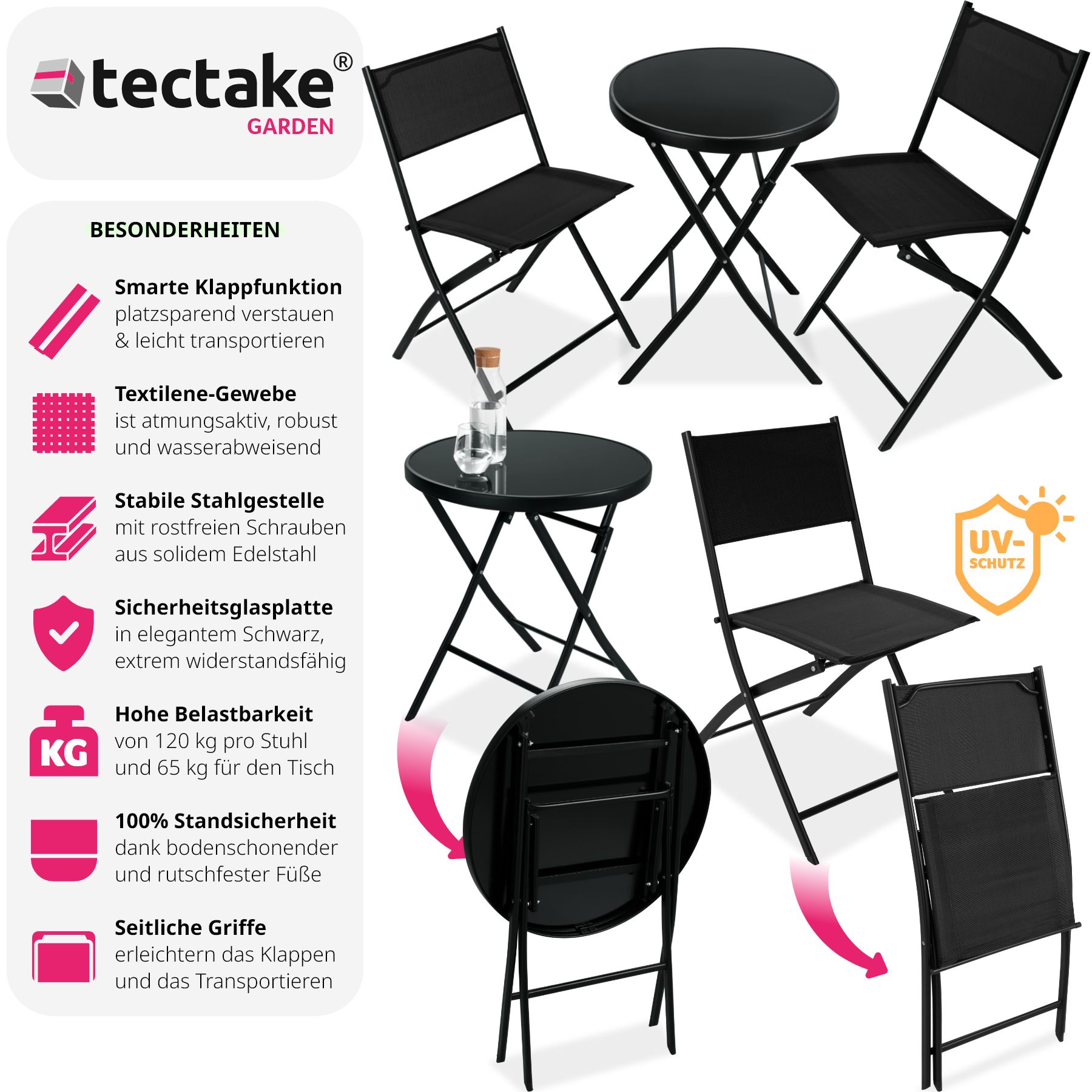 tectake® Bistro-Set, klappbar, für 2 Personen, UV-beständig, Tisch mit Sicherheitsglasplatte