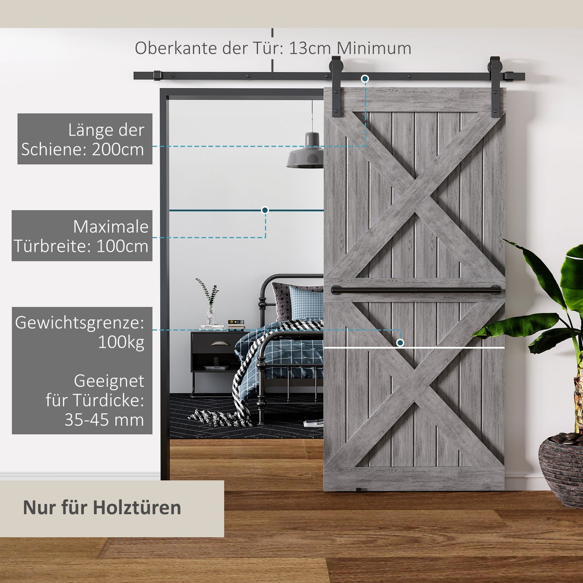 HOMCOM schuifdeurbeslagset met schroeven en rail, complete set voor een enkele houten deur, gemaakt van koolstofstaal, zwart, 200 x 40 x 0,6 cm