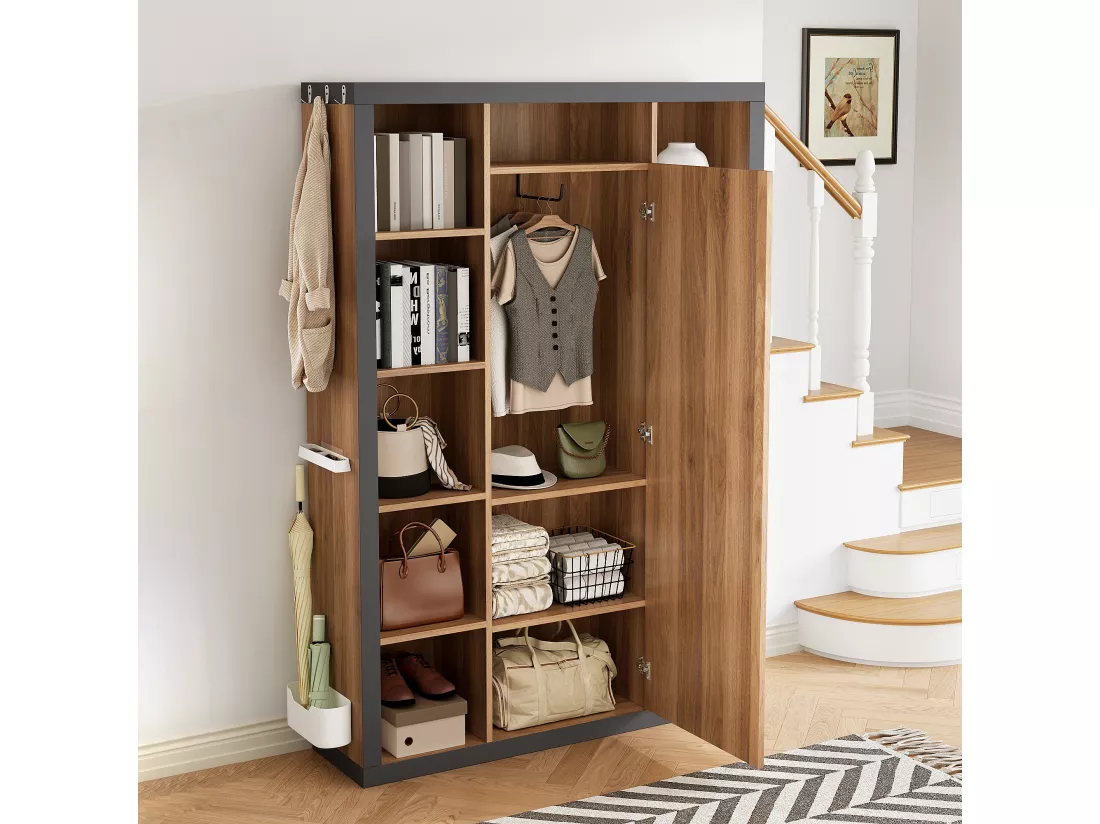 Vestiaire avec miroir et étagères de rangement - 115 x 30 x 165 cm - MDF - Naturel et gris