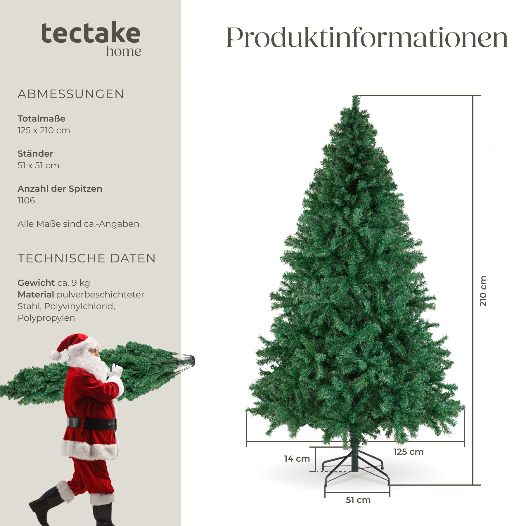 tectake® Weihnachtsbaum , künstlich in Grün, mit dichten Nadeln, formbar mit viel Volumen, pulverbeschichteter Metallständer mit Kunststoffkappen