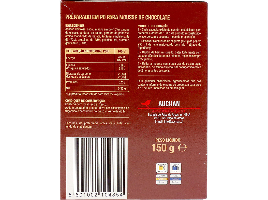 PREPARADO AUCHAN EM PÓ PARA MOUSSE CHOCOLATE 150G