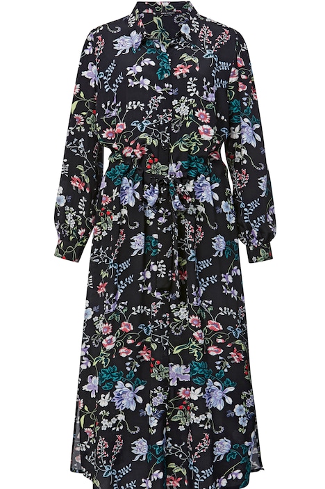 Maxikleid, A-Line, Blumenmuster, Hemdkragen, Bindeband, Langarm