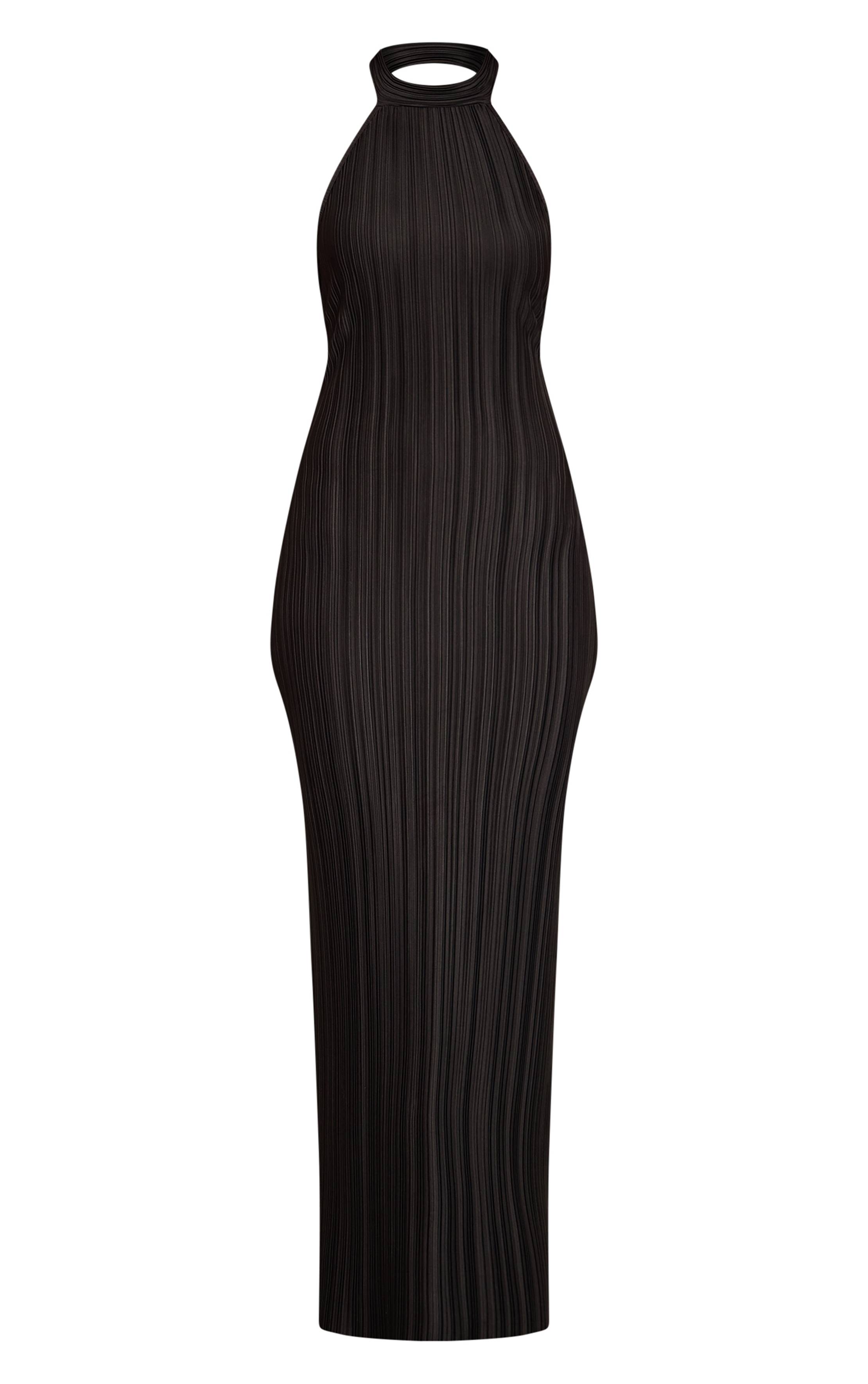Noir Robe Longue Plissée À Col Montant Et Dos Nu