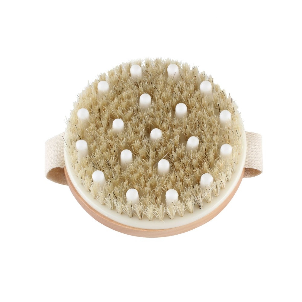 (Ø11.5cm) Holz Massagebürste Peeling Dusch Schwamm Wellness Reinigungsbürste mit Handschlaufe - Beige