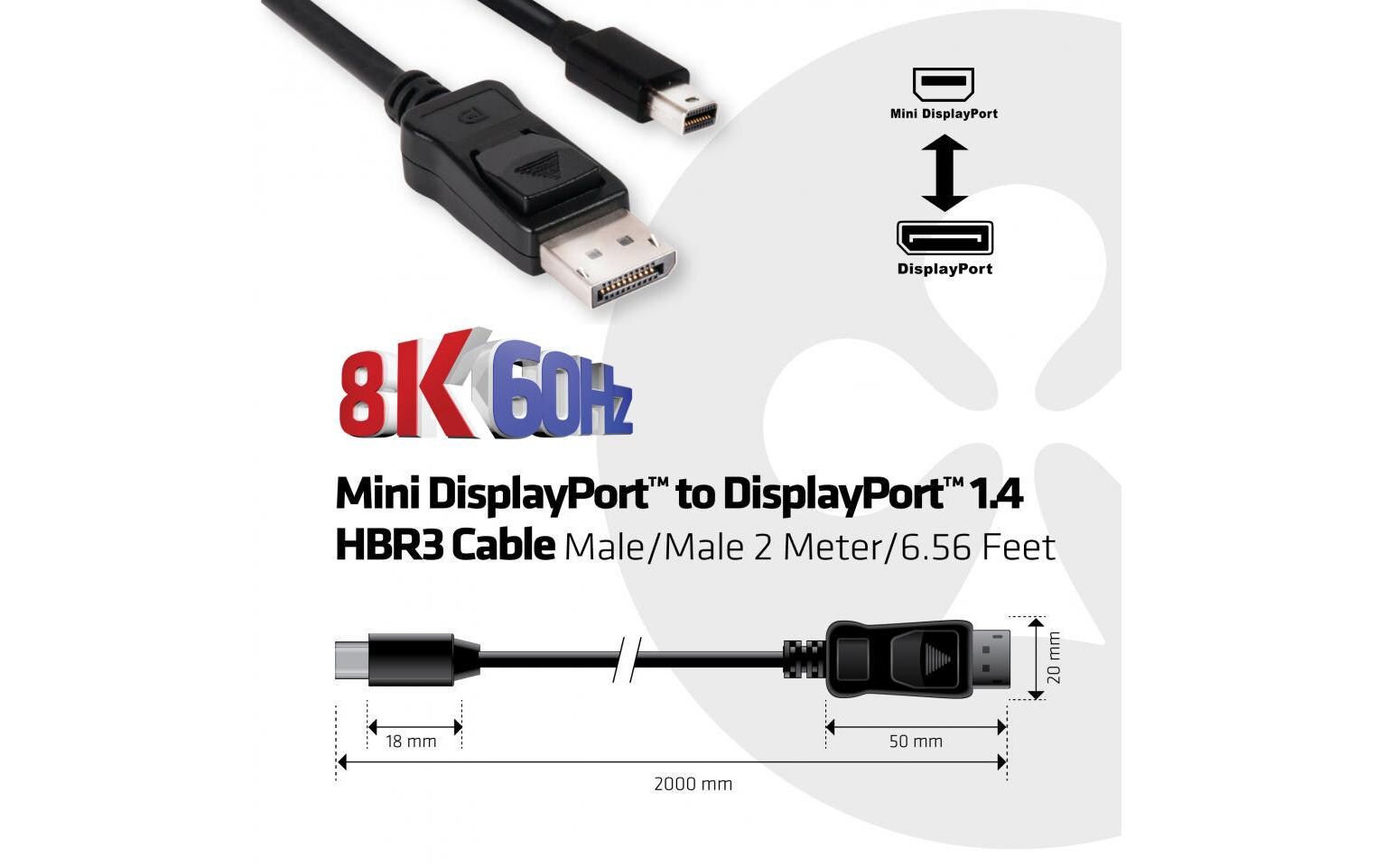 Kabel Mini-DisplayPort – DisplayPort 1.4 HBR3, 2 mMiniDisplayPort auf DisplayPort 1.4 HBR3 Kabel