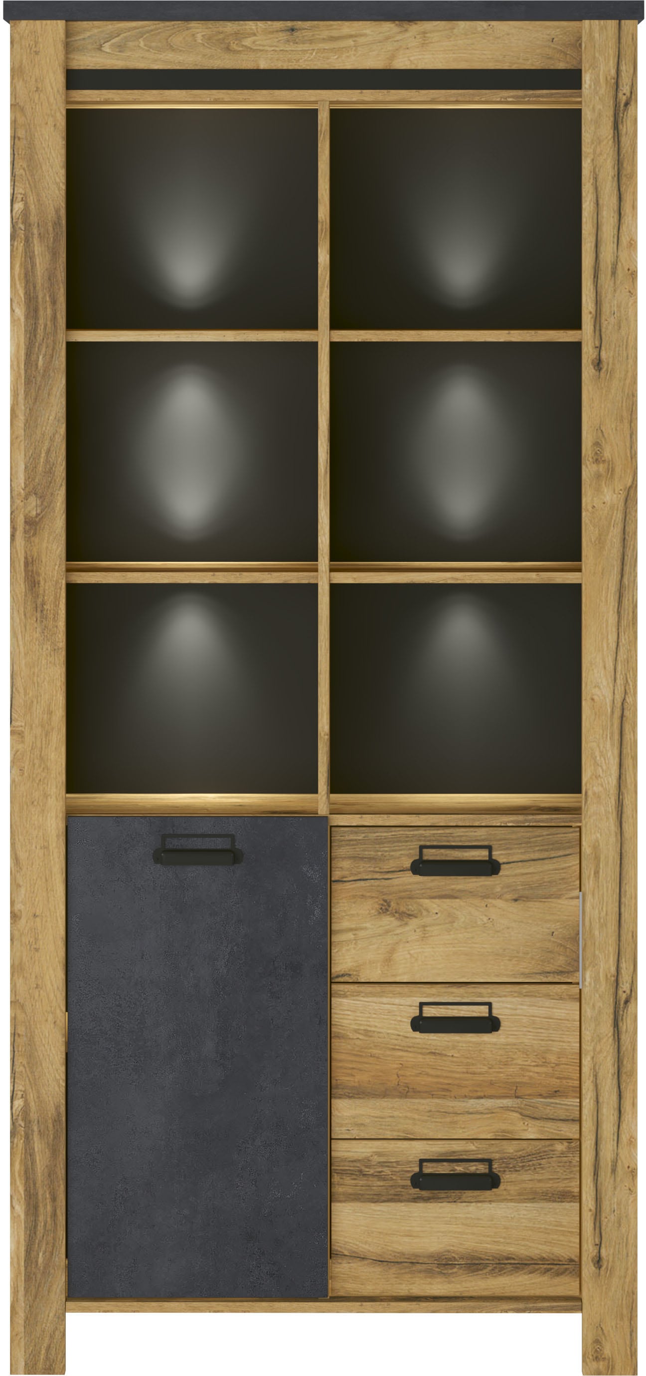 Home affaire Vitrine »York, moderner Hochschrank, Schrank in Hunton Oak Dekor« mit Apothekergriffen aus Metall, Industrialdesign, 200 cm hoch