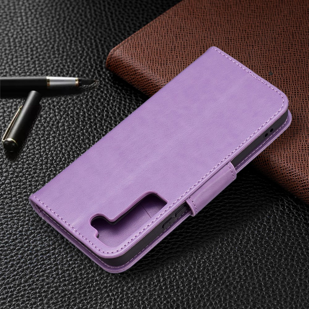 Samsung Galaxy S22 5G Leder Tasche mit Kartenfach   Handschlaufe Schmetterling - Lila