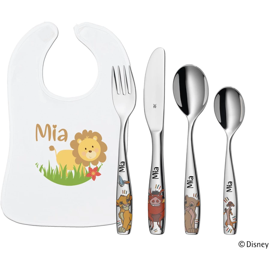 Schnullireich Geschenkset mit Namen WMF Kinderbesteck König der Löwen + Lätzchen Kleiner Löwe Silber
