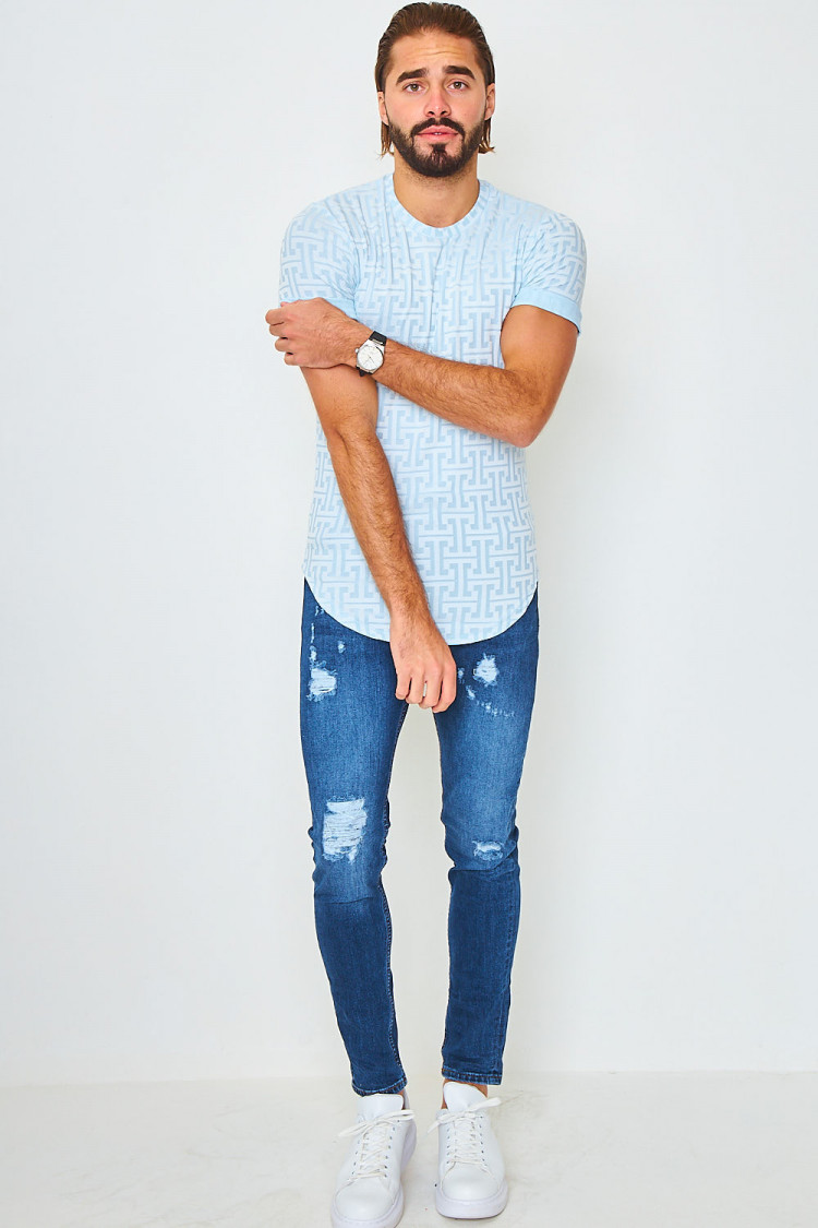 T-shirt bleu ciel motif grec
