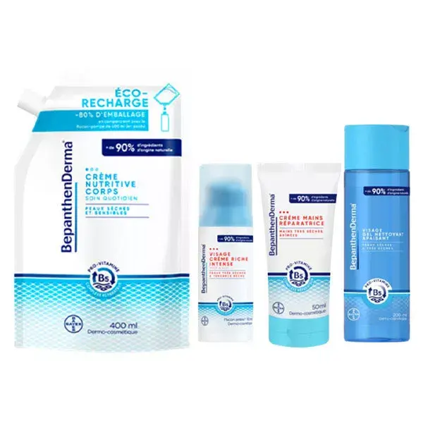 BepanthenDerma Gel de Limpeza Facial Suavizante 200ml + Creme Corporal Nutritivo 400ml Refil Ecológico + Creme Facial Intenso Rico 50ml + Creme para Mãos Reparador 50ml