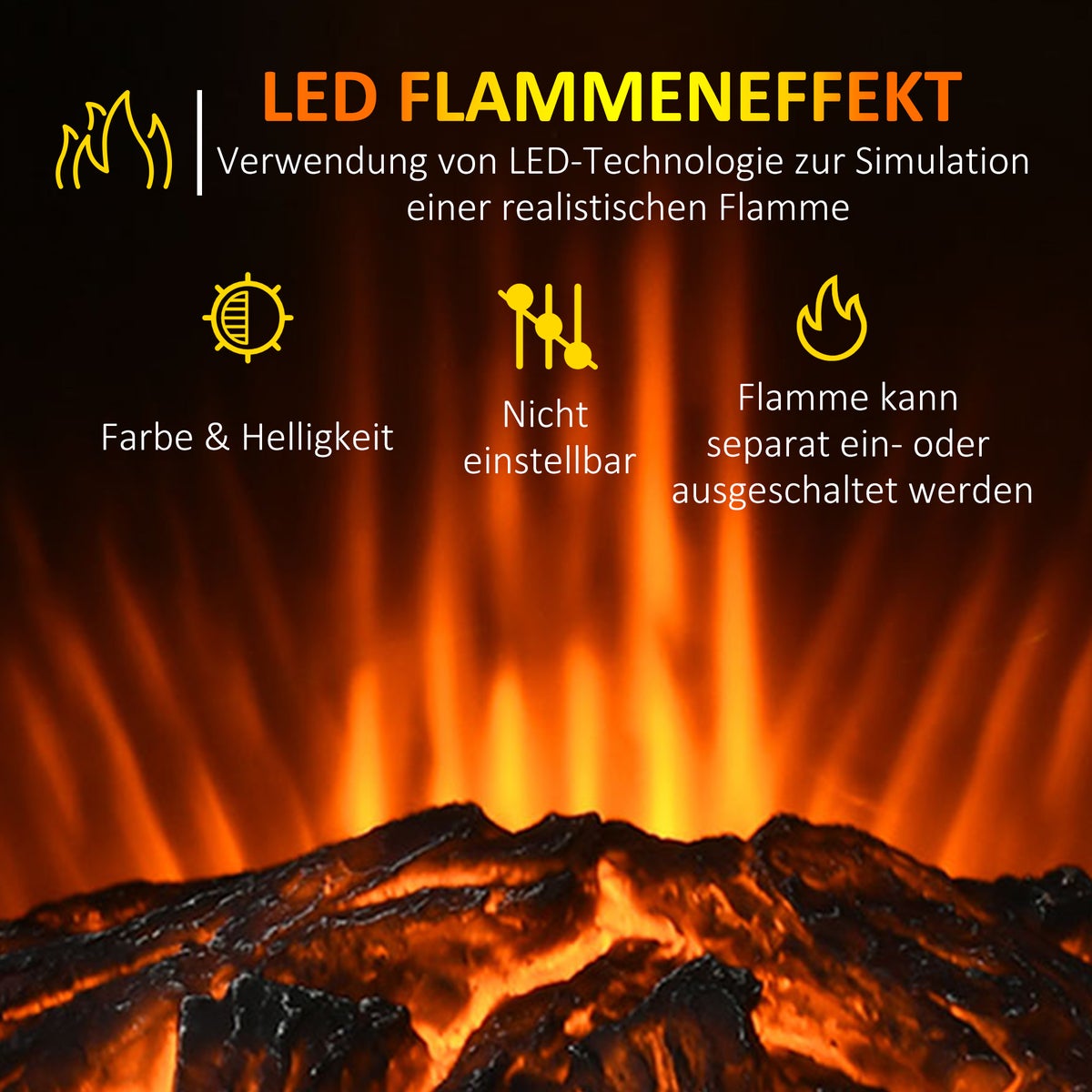 HOMCOM LED elektrische haard met vlameffect, 1000/2000W, 2 warmtestanden, 44,5 x 32 x 74 cm, staal, zwart