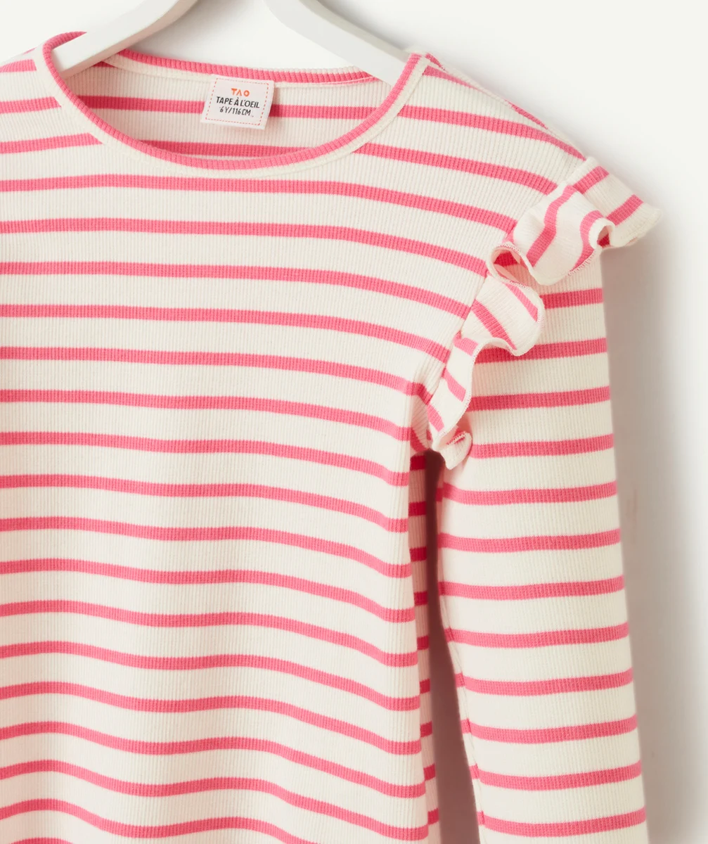 T-SHIRT CÔTELÉ FILLE EN COTON BION RAYÉ ROSE ET VOLANTS