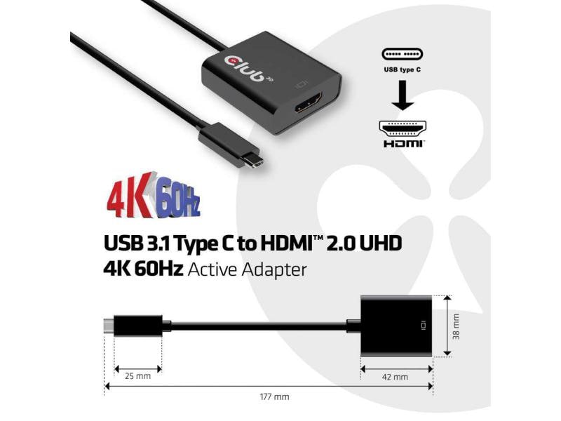 Club 3D Adapter USB 3.1 Type-C - HDMI 2.0 UHD 4K60Hz, Aktiv Aktiver USB 3.1 Type C auf HDMI 2.0 Adapter, UHD 4K 60Hz