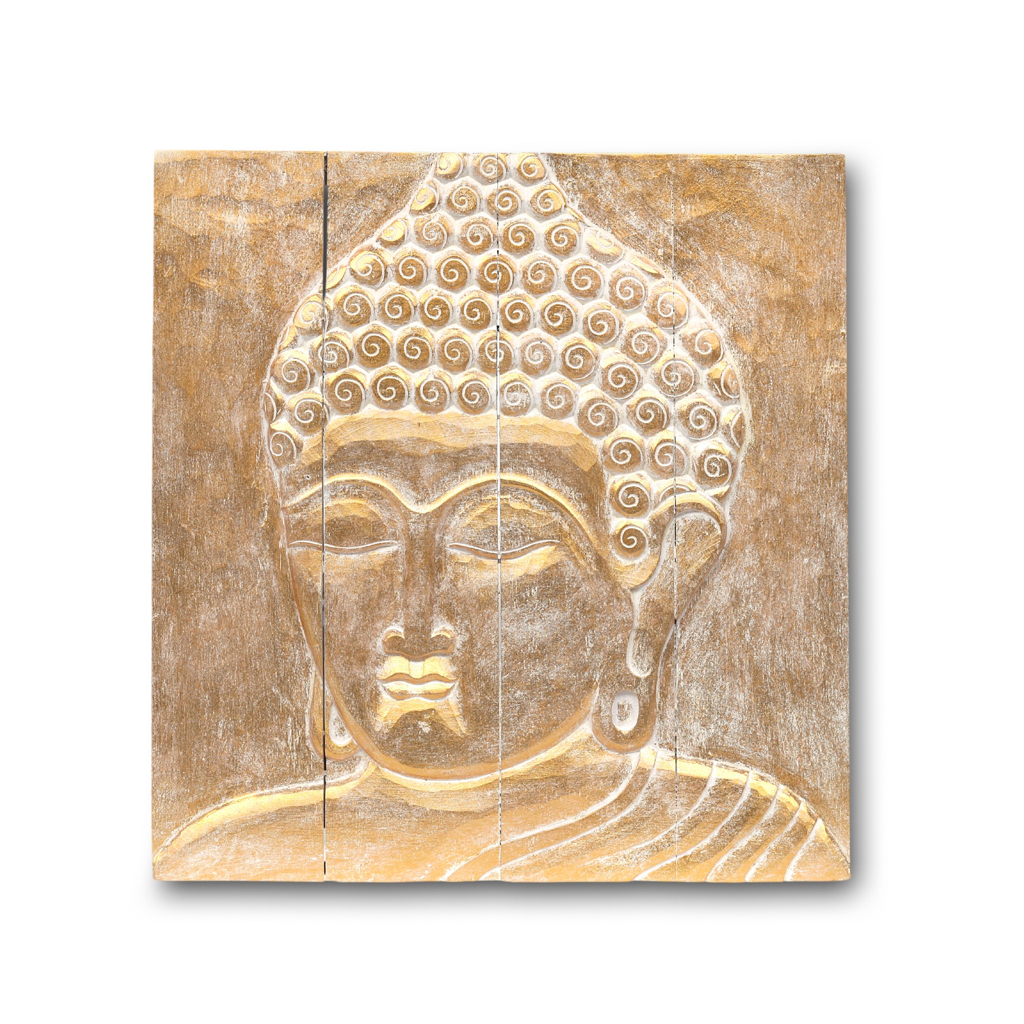 Holz-Reliefbild 'Buddhakopf', gold, weiß, B 60 cm, H 60 cm, L 6,5 cm von fischer's lagerhaus